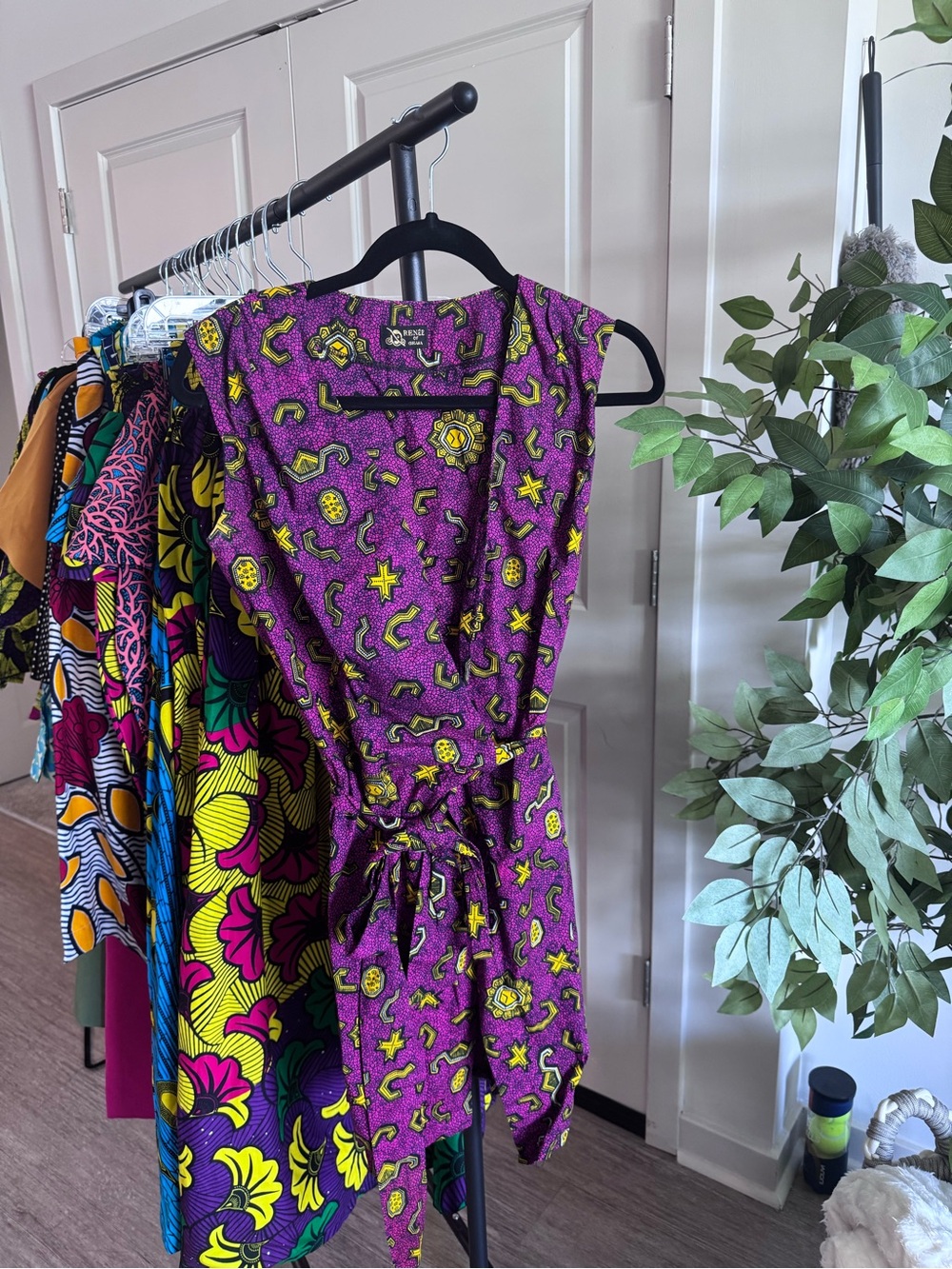 Purple Printed Sleeveless Wrap Dress with Tie Waist
